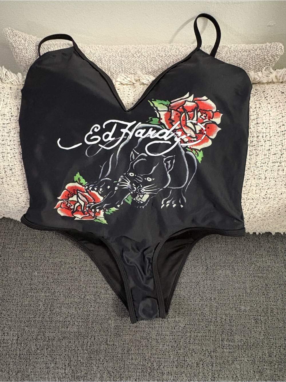 Ed Hardy Black Embellished One-Piece with Crystal Detailing